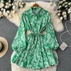 Balloon-sleeve Floral Mini A-line Dress Green - One Size