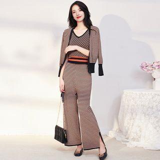 Set: Striped Cardigan + Wide-leg Pants + Spaghetti Strap Top