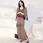 Set: Striped Cardigan + Wide-leg Pants + Spaghetti Strap Top