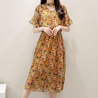 Keyhole-front Floral Chiffon Dress