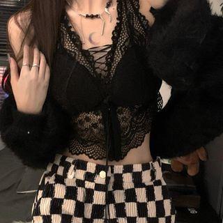 Halter Lace Crop Tank Top / Fluffy Jacket / Checkered Bootcut Pants