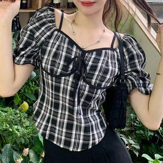 Puff-sleeve Plaid Top Plaid - Black - One Size