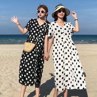 Short-sleeve Dotted Midi A-line Shirtdress
