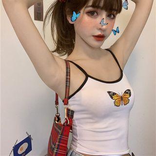 Spaghetti Strap Butterfly Print Top White - One Size