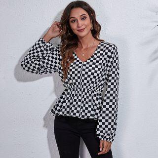 Long-sleeve Checkerboard Peplum Top