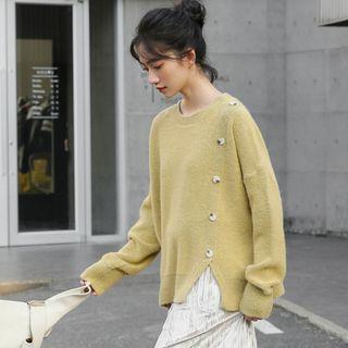 Plain Side Trim Single-breasted Split Round-neck Sweater