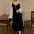 Mock Two-piece Long-sleeve Two-tone Velvet Midi A-line Dress Black - One Size