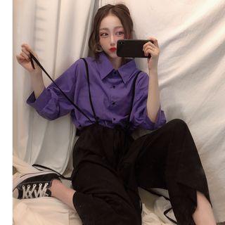 Plain 3/4-sleeve Shirt / Cropped Wide-leg Suspender Pants
