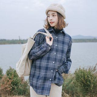 Long-sleeve Plaid Shirt Dark Blue - One Size