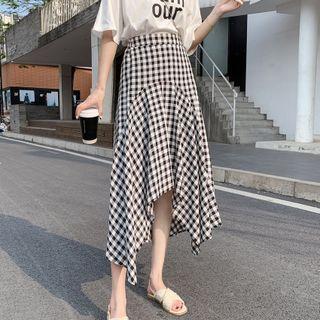 Irregular Hem Gingham Midi A-line Skirt