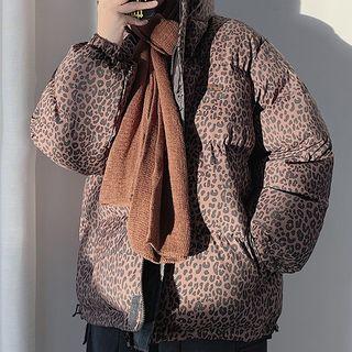 Stand Collar Leopard Zip Padded Jacket