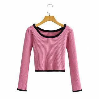 Contrast Trim Ribbed Knit Top Pink - One Size