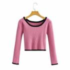 Contrast Trim Ribbed Knit Top Pink - One Size