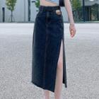 High-waist Side Slit Loose Fit A-line Midi Skirt
