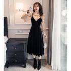 Set: Long-sleeve Dotted Mesh Top + Midi A-line Velvet Pinafore Dress