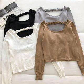 Plain Square-neck Slim-fit Long-sleeve Knit Top