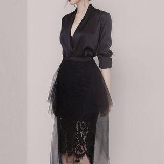 Long-sleeve Lace Overlay Midi Dress