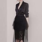 Long-sleeve Lace Overlay Midi Dress