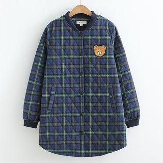Bear Embroidered Plaid Padded Coat