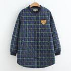 Bear Embroidered Plaid Padded Coat