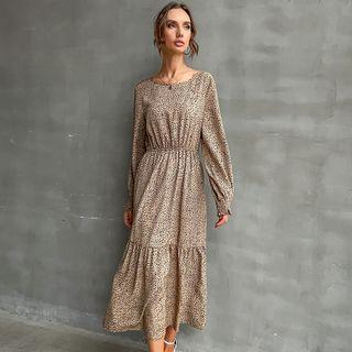 Long Sleeve Leopard Print Maxi A-line Dress