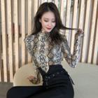 Long-sleeve Snake Print Mock-neck Top Snake Pattern - Beige & Gray - One Size