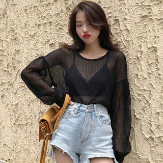 Balloon-sleeve Sheer Blouse Black - One Size