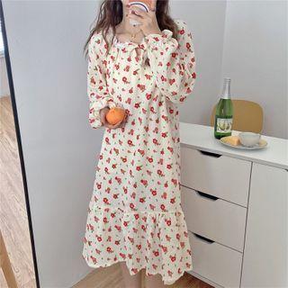 Bell-sleeve Floral Print Midi Sleep Dress 9333 - Red - One Size