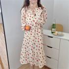Bell-sleeve Floral Print Midi Sleep Dress 9333 - Red - One Size