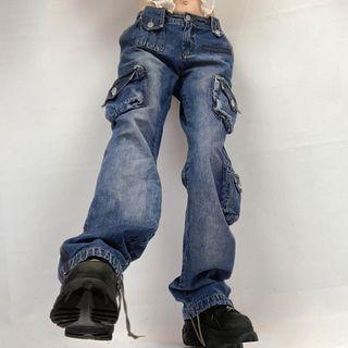 Low Waist Washed Pocket Straight-fit Jeans