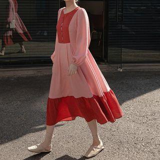 Puff-sleeve Color-block Long-sleeve Dress