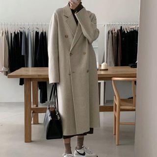 Plain Double-breasted Coat Oatmeal - One Size