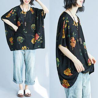 Elbow-sleeve Floral Print Oversized Top