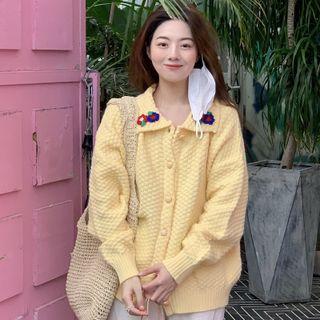 Collared Flower Embroidered Cardigan Yellow - One Size