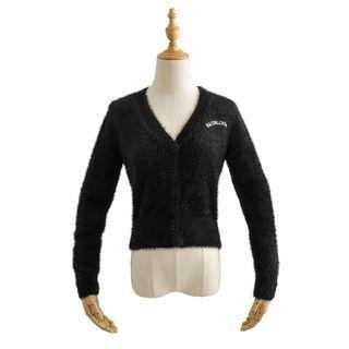 Lettering Embroidered Fluffy V-neck Cardigan