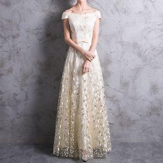 Sequined Off Shoulder Short Sleeve Bridesmaid Dress