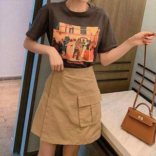 Set: Short-sleeve Printed T-shirt + Mini A-line Cargo Skirt