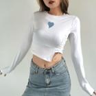 Long-sleeve Heart Embroidered Drawstring T-shirt