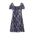 Square-neck Printed Bow Drawstring A-line Dress