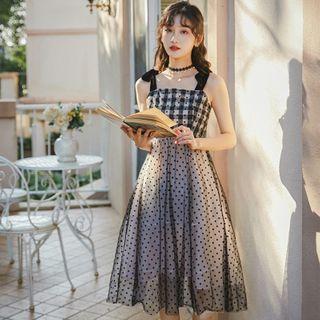 Sleeveless Dotted Overlay A-line Dress