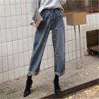 Adjustable-waist Washed Wide-leg Jeans Blue - One Size