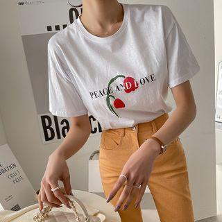 Short-sleeve Flower-illustrated T-shirt Ivory - One Size