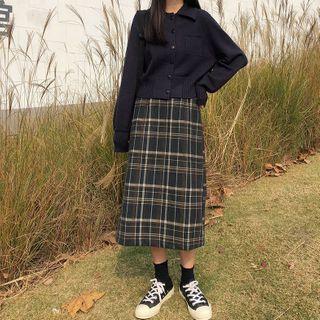 Collared Cardigan / Plaid Midi Straight-fit Skirt