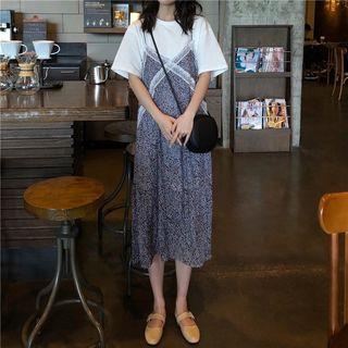 Set: Short Sleeve Loose T-shirt + Lace Trim Spaghetti-strap Print A-line Dress