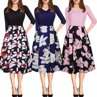Flower Print V-neck 3/4-sleeve A-line Dress