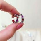 Heart Open Hoop Earring 1 Pair - Red & Purple & Silver - One Size