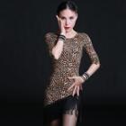Printed Elbow-sleeve Fringed Hem Latin Dance Dress