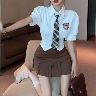 Puff-sleeve Embroidered Shirt / Plaid Tie / Mini Pleated Skirt / Set