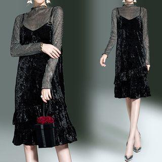 Set: Mock Neck Long-sleeve Top + Velvet Strappy Dress
