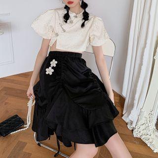 Short-sleeve Embellished Crop Top / Irregular Drawstring A-line Skirt